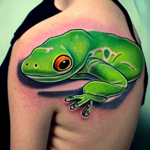 Image similar to cartoon tattoo of cute light green gecko on shoulder with light shading in the background