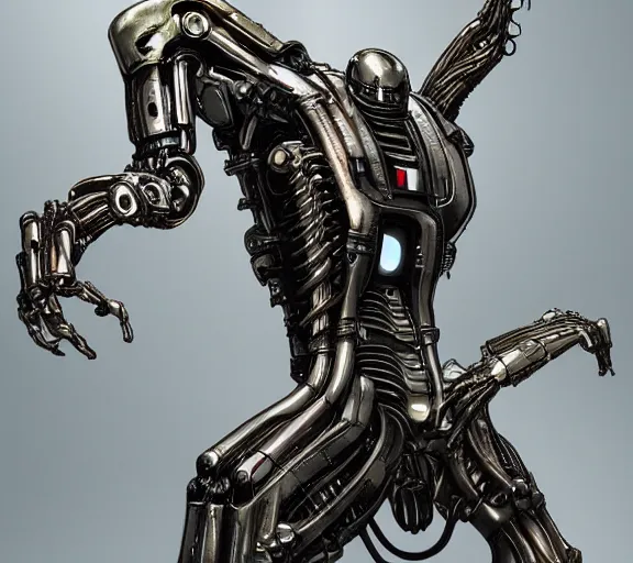 Image similar to h. r. giger esque full front view of a friendly happy emerald ultron from age of ultron fresh of the production line washed clean shiny _ clockwork steampunk, t - 8 0 0, robocop, robot hands