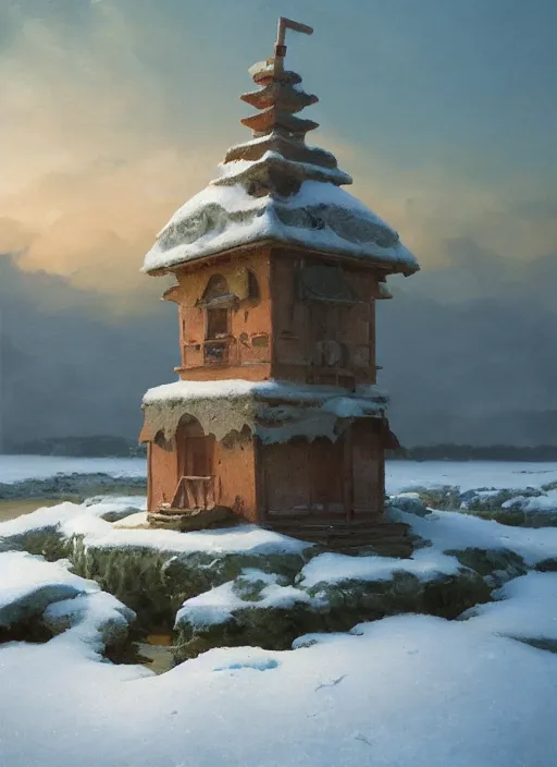 Prompt: a small shrine buried in mud on a tiny island in a frozen lake, extremely detailed oil painting, unreal 5 render, rhads, sargent and leyendecker, savrasov levitan polenov, bruce pennington, studio ghibli, tim hildebrandt, digital art, landscape painting, octane render, beautiful composition, trending on artstation, award winning photograph, masterpiece