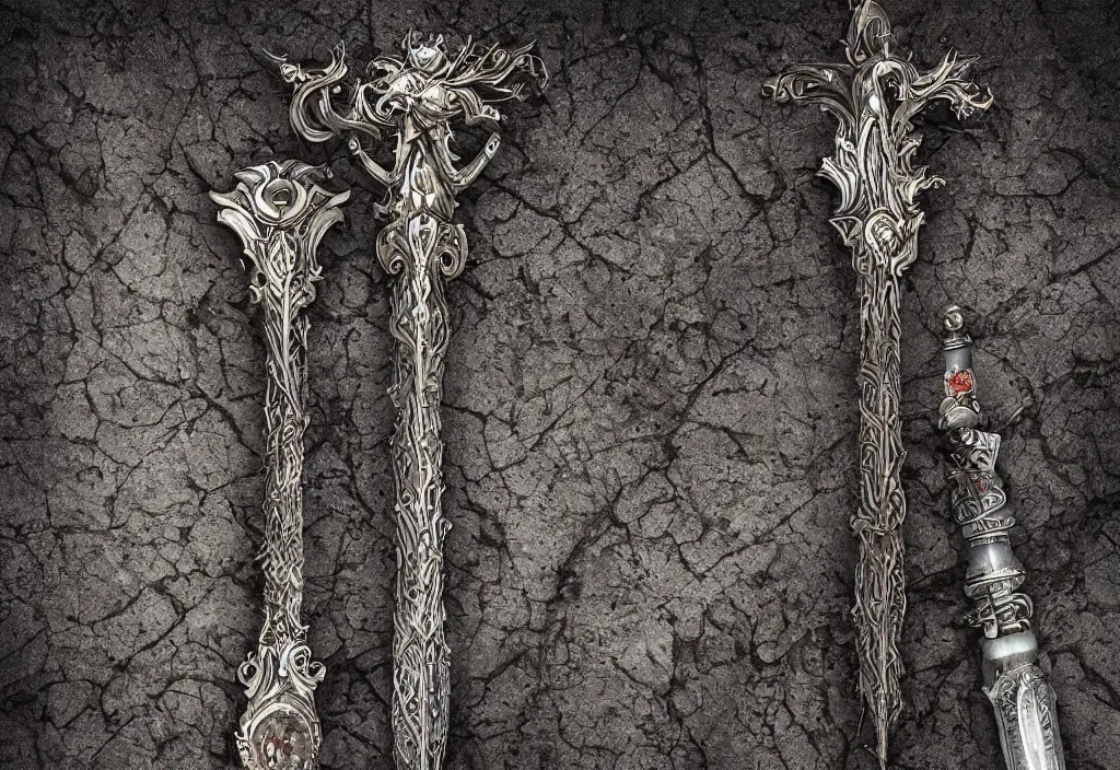 Prompt: ornate broadsword stuck in the ground, 4k ultra hd, fantasy dark art