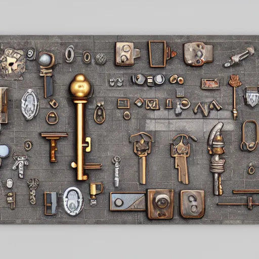 Image similar to a highly detailed key item, key is on the center of image, key has metal and wooden elements, point and click game inventory item, very detailed, on the solid white color background without shadows, high poly vray render, stylised textures, trending on artstation