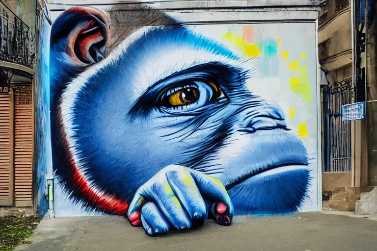 Prompt: monkey showing a blue pen, by eduardo kobra