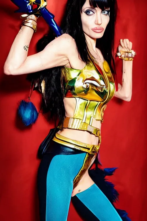 Image similar to upper body portrait of angelina jolie as Nico Robin from One Piece, cosplay