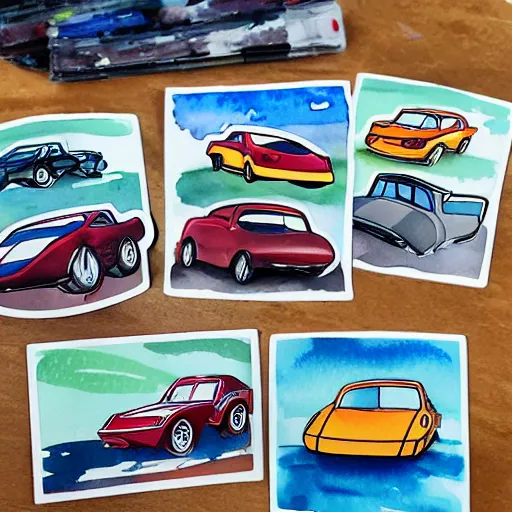 Prompt: a watercolour sticker pack with of cars