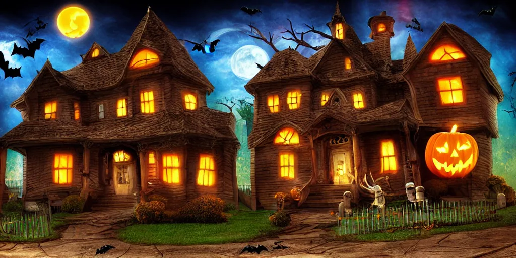 Prompt: halloween, trick or treat, monster house, poster, 3 d, studio lighting, digital art