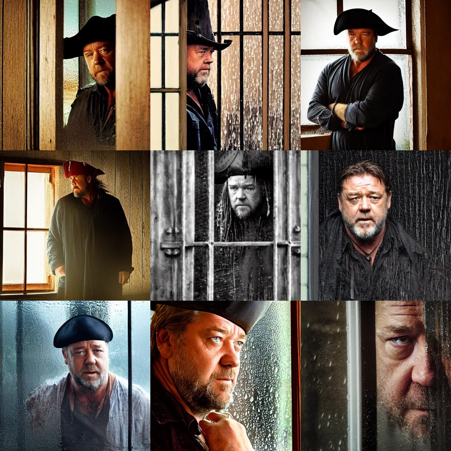 Prompt: obscured by window, concerned russell crowe wearing a big pirate hat standing behind a rainy dirty window and wooden wall peering out towards the camera