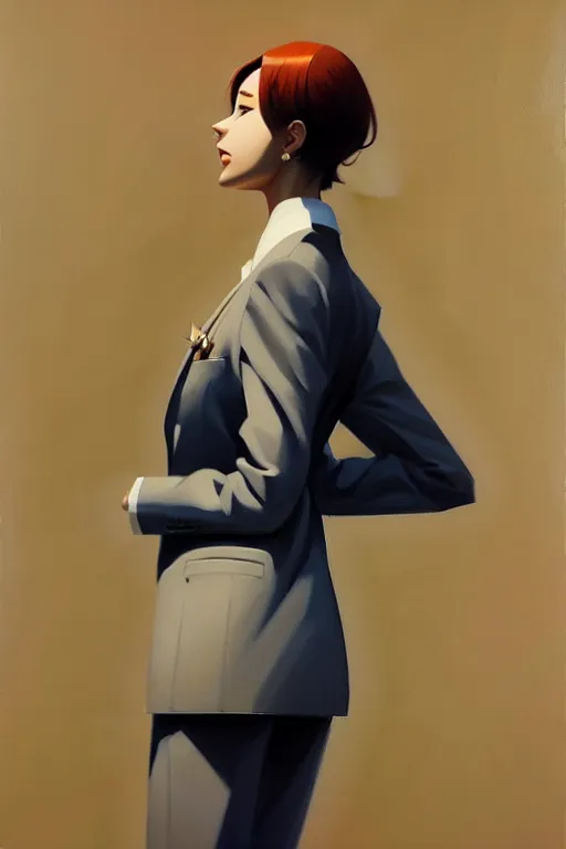 Prompt: a ultradetailed beautiful panting of a stylish woman wearing a oversized suit with a tie, oil painting, by ilya kuvshinov, greg rutkowski and makoto shinkai, trending on artstation