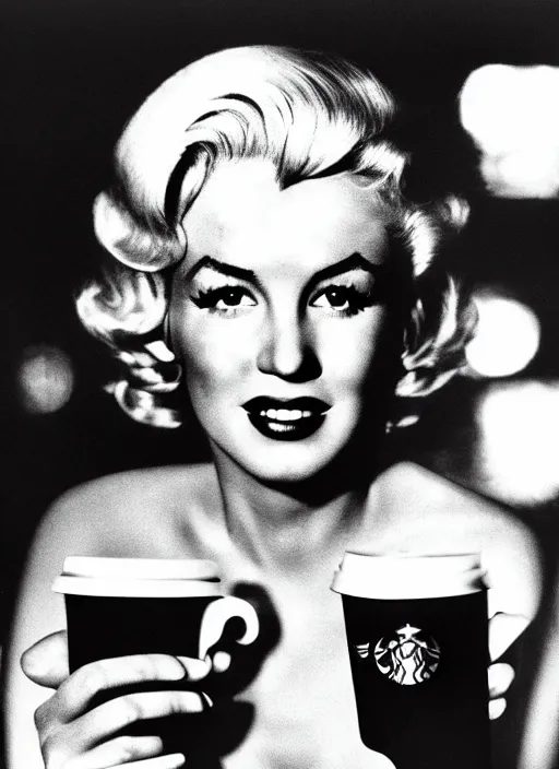 Image similar to A close-up, color cinema film still of a marlin monroe drinking coffee at a starbucks, ambient lighting at night.