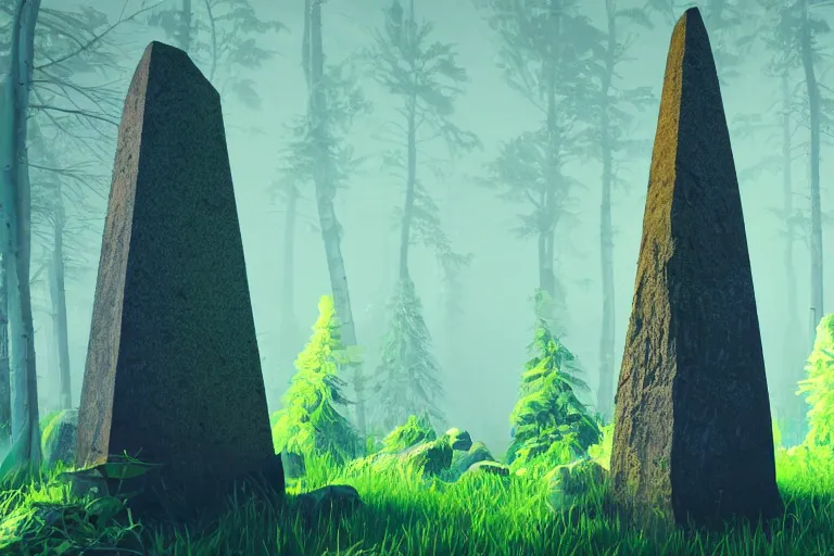 Image similar to super detailed color lowpoly art, thick overgrown forest grove, ancient stone obelisk featuring subtle glowing magic runes, emitting soft nature magic particles, unreal engine, retrowave color palette, 3 d render, lowpoly, colorful, digital art, perspective