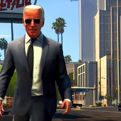 Image similar to gta 6 in unreal engine 5 reveal trailer. joe biden robbing a bank scene