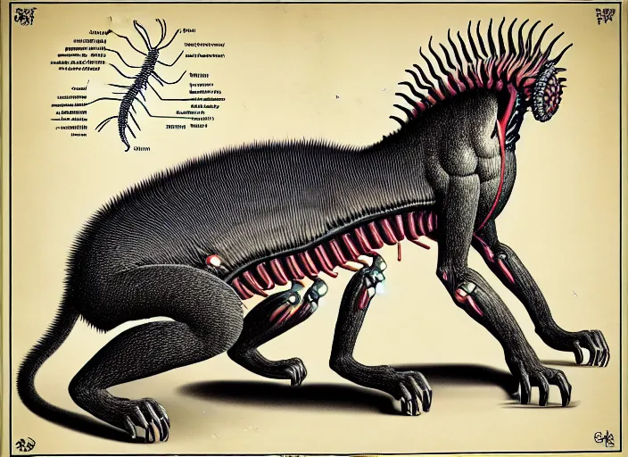 Prompt: scientific illustration of giant cat monster with electric organs and stinger tail, detailed anatomy, extensive physiology