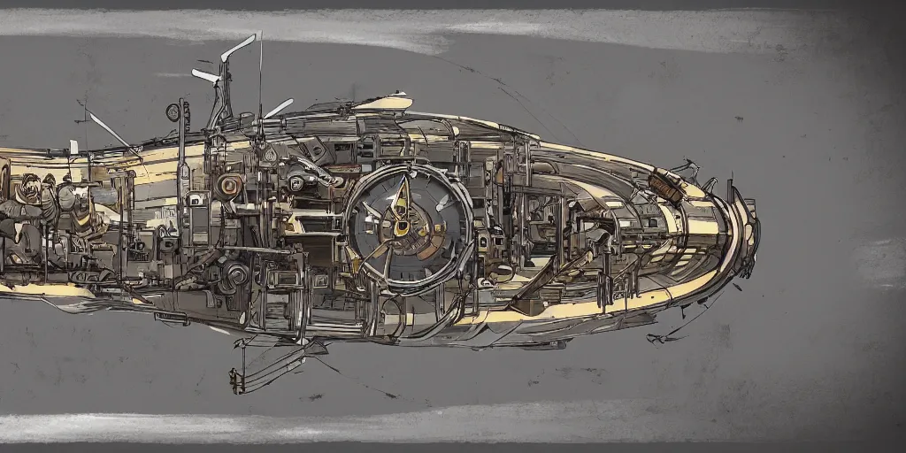 Prompt: cross-section of a clockwork submarine operated by a crew of foxes, concept art, artstation