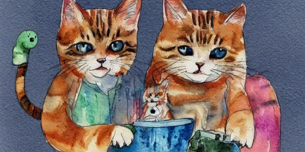 Image similar to watercolor illustration style, cute! cats!!! play with different things