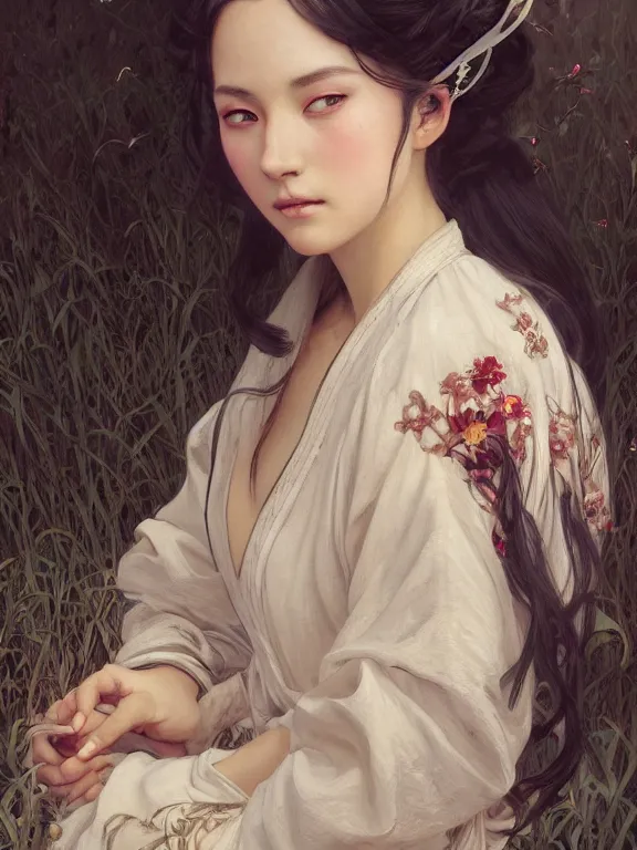 Image similar to portrait of a beautiful seductive european girl wearing hanfu, farm background, fantasy, d & d, dark eyeliner, intricate, elegant, highly detailed, digital painting, artstation, concept art, matte, sharp focus, illustration, art by greg rutkowski and alphonse mucha
