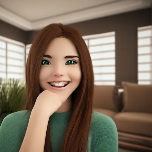 Image similar to Render of a Photo of a cute 3d anime young woman smiling, long shiny bronze brown hair, full round face, emerald green eyes, medium skin tone, light cute freckles, smiling softly, wearing casual clothing, relaxing on a modern couch, interior lighting, cozy living room background, medium shot, mid-shot, soft focus, trending on Artstation, Unreal Engine, 4k, professional photography, Portra 400