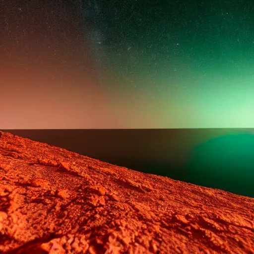 Prompt: photo taken on the surface of a rocky sandy red planet during the night that has many colorful stars visible in the night sky