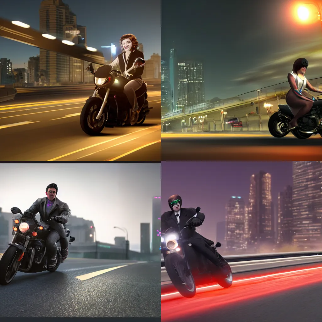 Prompt: a matte painting of a man dressed as a woman, speeding on motorcycle, photo realistic, high detail, night street, night time, unreal engine render