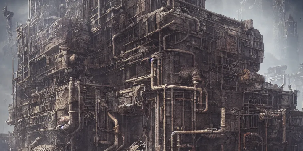 Prompt: brutalist babylonian ziggurat, dieselpunk, scifi, futuristic, pipes, machinery, highly detailed, rendered in octane, concept art, sharp focus, illustration, bloodborne