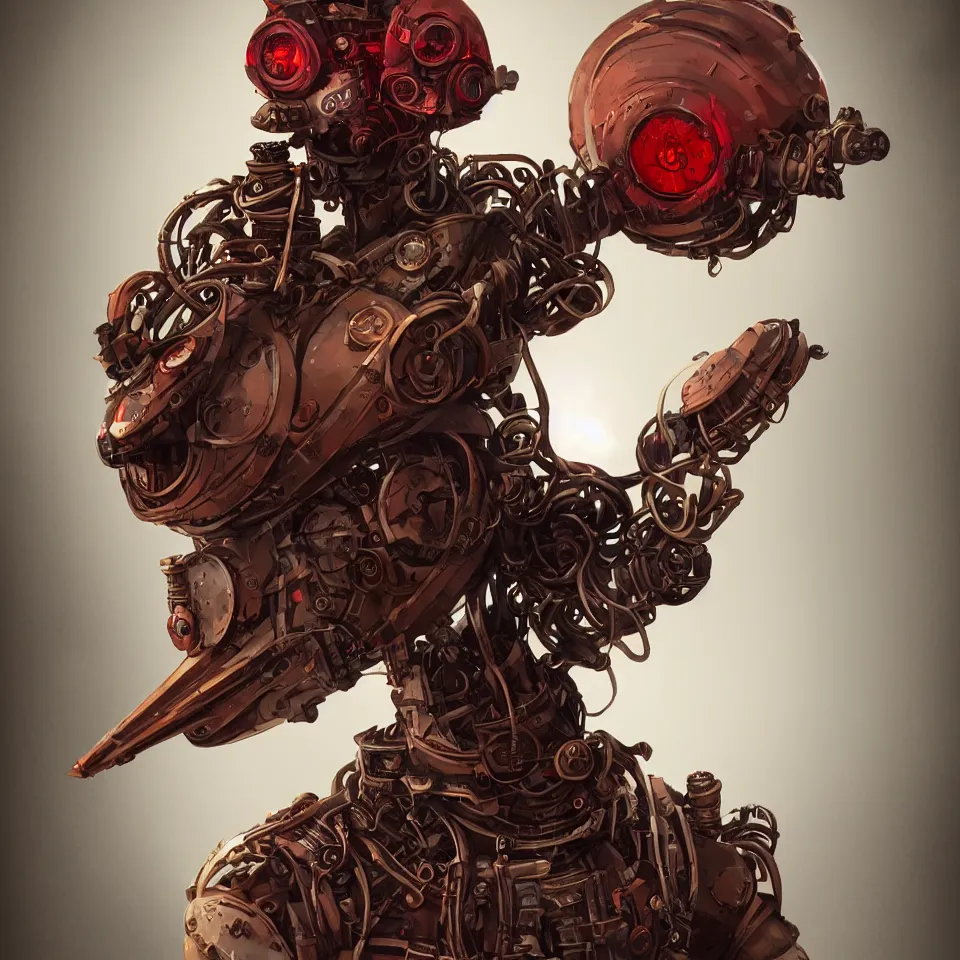 Image similar to a detailed concept art steampunk of a bust robot bird, gradient dark red, cream and white color scheme, dynamic lighting, cinematic, epic composition, masterpiece