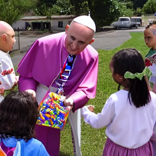 Prompt: The bald pope giving candy to children in a kindergarden