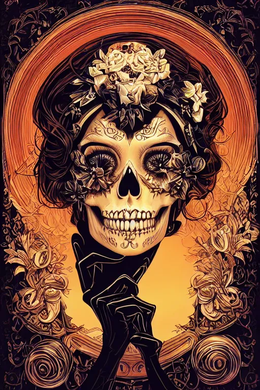 Image similar to a beautiful fancy skull lady by dan mumford and gil elvgren