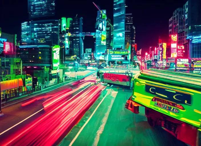 Image similar to a film still of a tonka truck driving through a neon green city at night, cinematic