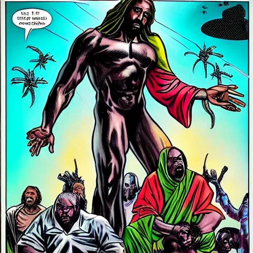 Prompt: “Black Jesus attacks aliens in the future from the Planet Sin in Invincible style”