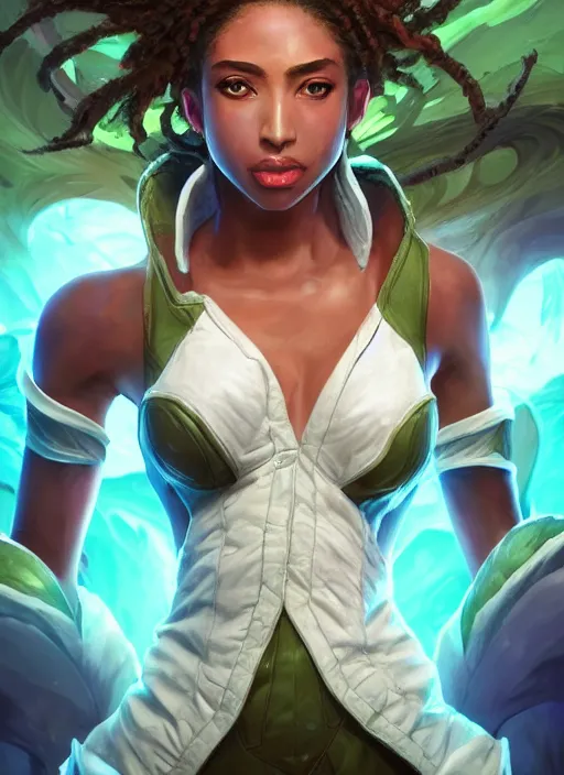 Image similar to senna from league of legends, au naturel, hyper detailed, brown skin, glowing green neon eyes, wearing white jacket, digital art, trending in artstation, cinematic lighting, studio quality, smooth render, unreal engine 5 rendered, octane rendered, art style by klimt and nixeu and ian sprigger and wlop and krenz cushart