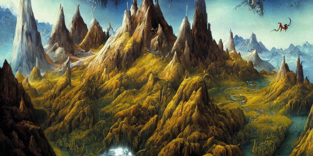 Image similar to beautiful Veduta painting gothic painting of a beatiful scenic mountain range surrounded by bright Ultramarine diamonds, by Esao Andrews and Peter Gric and Hieronymus Bosch and De Es Schwertzberger