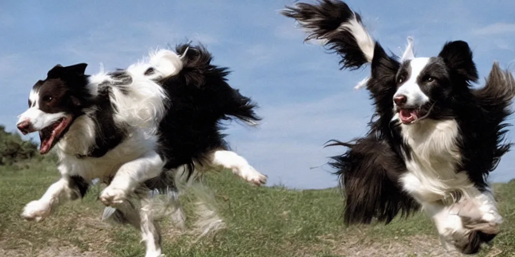 Image similar to border collie in robocop armor chasing flying saucers. Anime. Ultra-realistic.