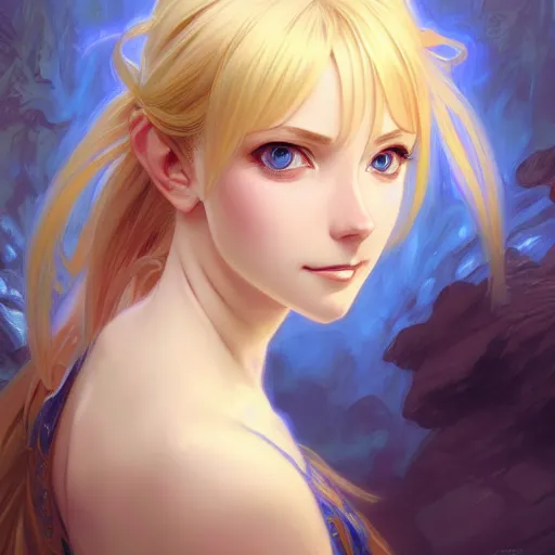 Image similar to portrait of a beautiful cute blonde nisekoi with big blue eyes, fantasy, intricate, elegant, highly detailed, digital painting, artstation, concept art, smooth, sharp focus, illustration, art by artgerm and greg rutkowski and alphonse mucha