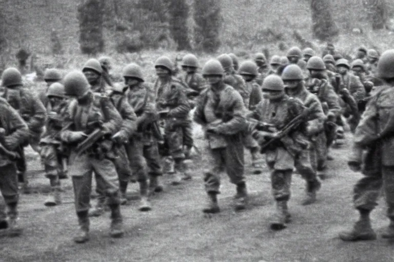 Image similar to baby soldiers storming normandy, old world war 2 photo, film grain