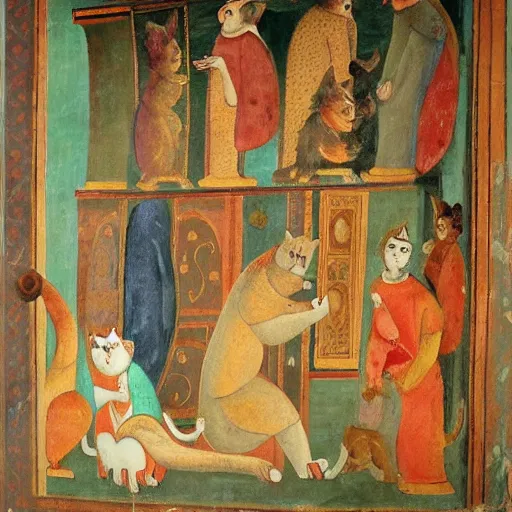 Image similar to cats being worshipped, fresco painting