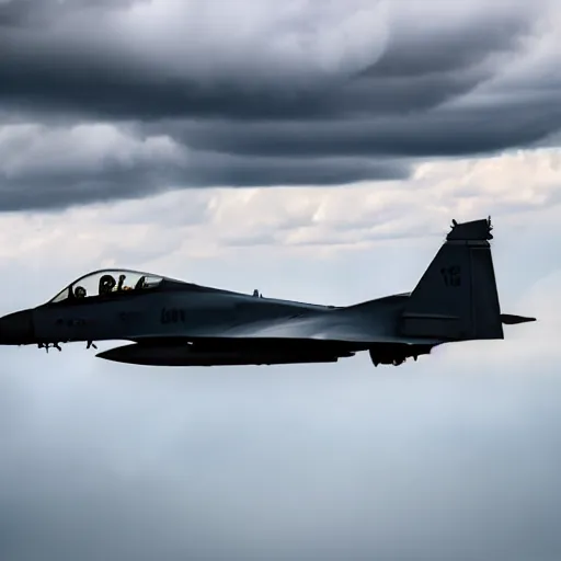 Image similar to stylish shot cinematic of a fighter jet flying through clouds