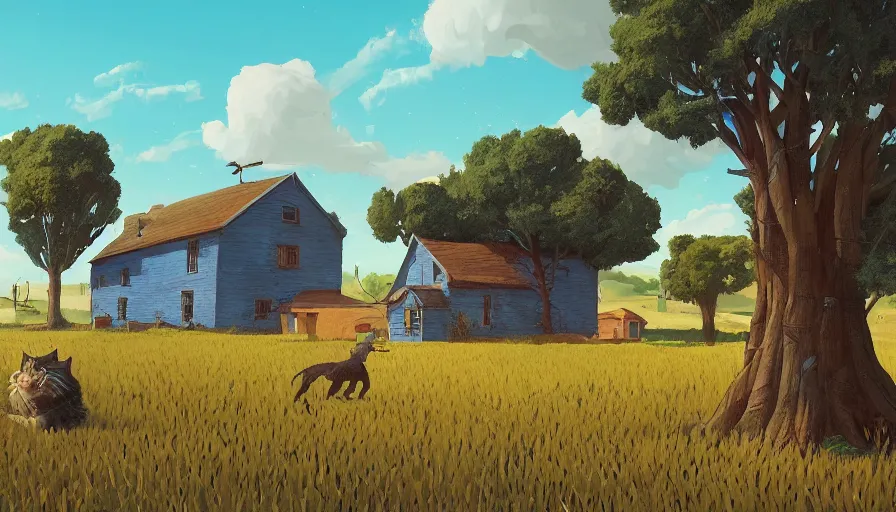 Image similar to gigantic cat next to the small house, wheat field harvesting, big tree, matte painting, art station, blue sky, simon stalenhag