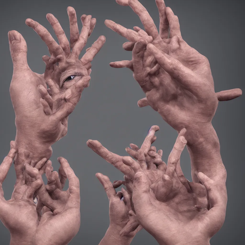 Image similar to two hands holding dozens of human eyeballs, octane render, photo realistic, hyper realistic, 8 k resolution in the style of alvin schwartz