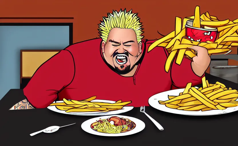 Prompt: guy fieri with a massive red bloated gut eating a plate of fries, detailed realistic