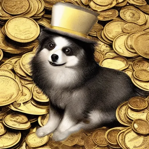 Image similar to A pomeranian wearing a top-hat and a monocle, sitting on top of a large pile of gold coins