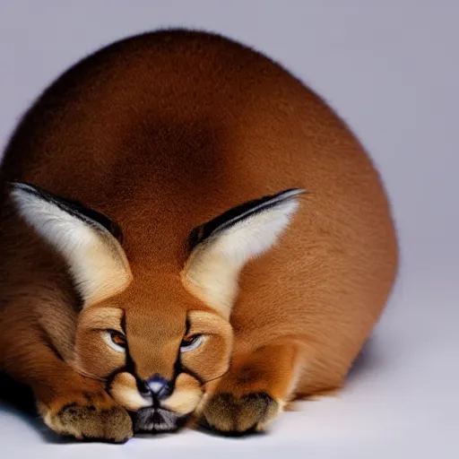 Image similar to A delicious steamed bun in the shape of cute caracal. Studio lighting, High resolution, high quality, dark background