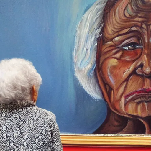 Image similar to old woman staring at a painting of her younger self