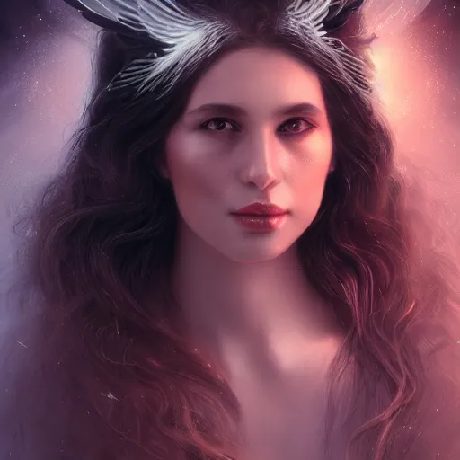 Image similar to head and shoulders portrait of an angelic creature, dark fantasy, mystic, abstract background, feminine beauty, elegant, intricate, face, medium shot, trending on artstation, volumetric light, by Fernanda Suarez and Karol Bak