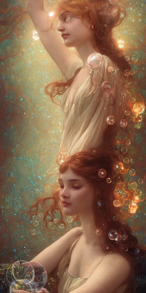 Image similar to hyper realist matte digital painting of a young beautiful woman, floating in water, bubbles rising, fantasy art, photo realistic, dynamic lighting, artstation, volumetric lighting, by mucha, by charlie bowater, by karol bak, by alma tadema