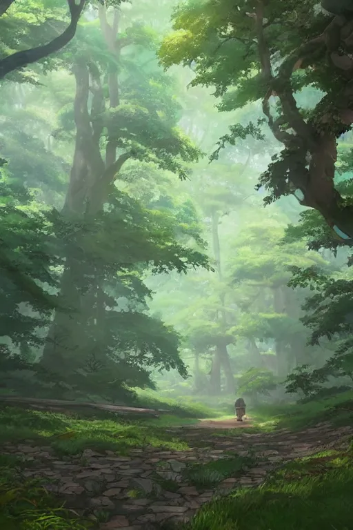 Image similar to a forest path, beautiful ancient trees, hiding large treasure chest, serene evening atmosphere, soft lens, soft light, cel - shading, animation, in the style of cgsociety, deviantart, artstation, zbrush, cinema 4 d, studio ghibli, akihiko yoshida, atelier lulua, masamune shirow