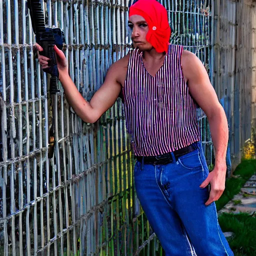 Image similar to Young man standing looking to the right in a red bandana, blue striped shirt, gray vest and a gun with a partly cloudy sky in the background. The young man is standing in front of an iron fence. Photograph. Real life