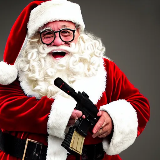 Prompt: cinematic shot of Danny Devito dressed as santa claus holding a LMG, 8k, very intricate, very detailed,