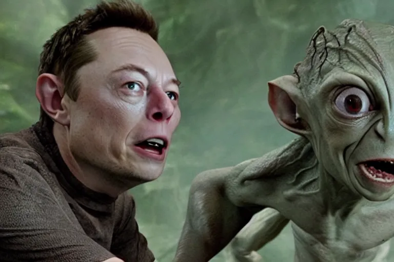 Image similar to film still of Elon Musk playing the role of Gollum Sméagol, from the movie The Lord of the Rings: The Fellowship of the Ring (2001)