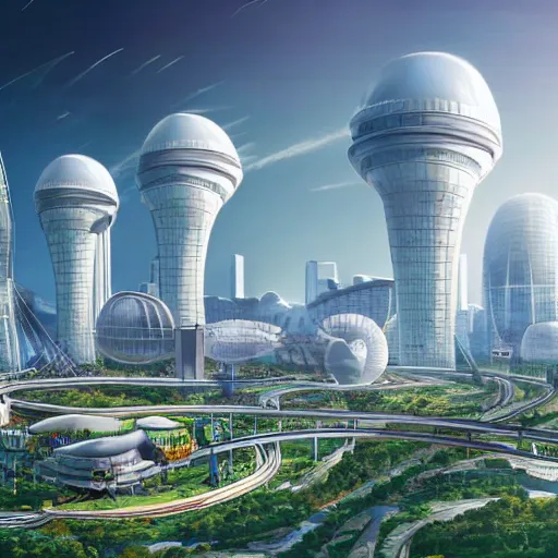 Prompt: Utopian city with a white nuclear power dome at the centre surrounded by skyscrapers and monorails, studio ghibli, ultra hd