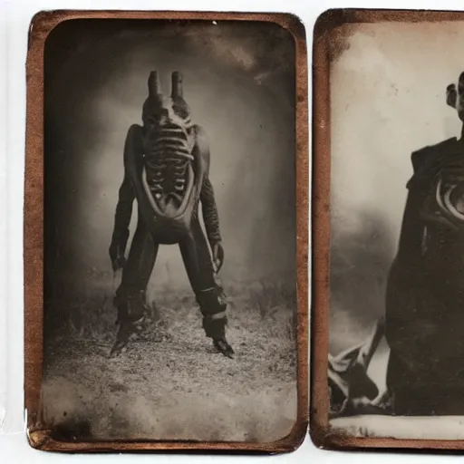 Image similar to tintype vintage photographs of aliens, cryptids, cyborgs, post apocalyptic humans, and time travelers