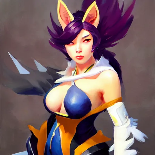 Image similar to greg manchess portrait painting of partially armored ahri as overwatch character, medium shot, asymmetrical, profile picture, organic painting, sunny day, matte painting, bold shapes, hard edges, street art, trending on artstation, by huang guangjian and gil elvgren and sachin teng