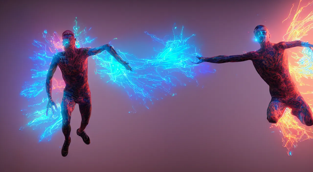 Image similar to Majestic multi-colored glowing mutant human levitates powerfully. Intricate details, photo realistic, award winning, dramatic lighting, award winning, depth of field, UHD 8K. Rendered with autodesk arnold unreal engine octane render Lumion Blender Maxwell.